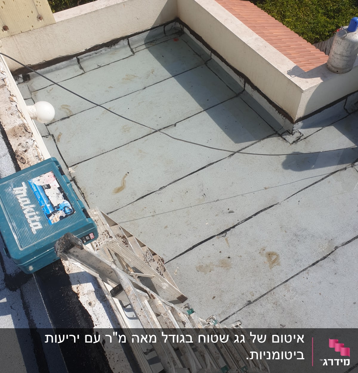 גג אטום עם יריעות ביטומניות וסולם מתכת